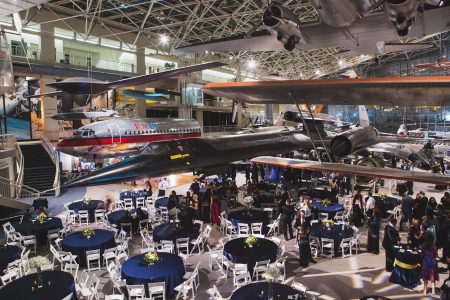 Seattle-Corporate-Event-Museum-of-Flight-Seattle-Corporate-Awards-Event-with-Blue-Yellow-tables-produced-by-Event-Experience